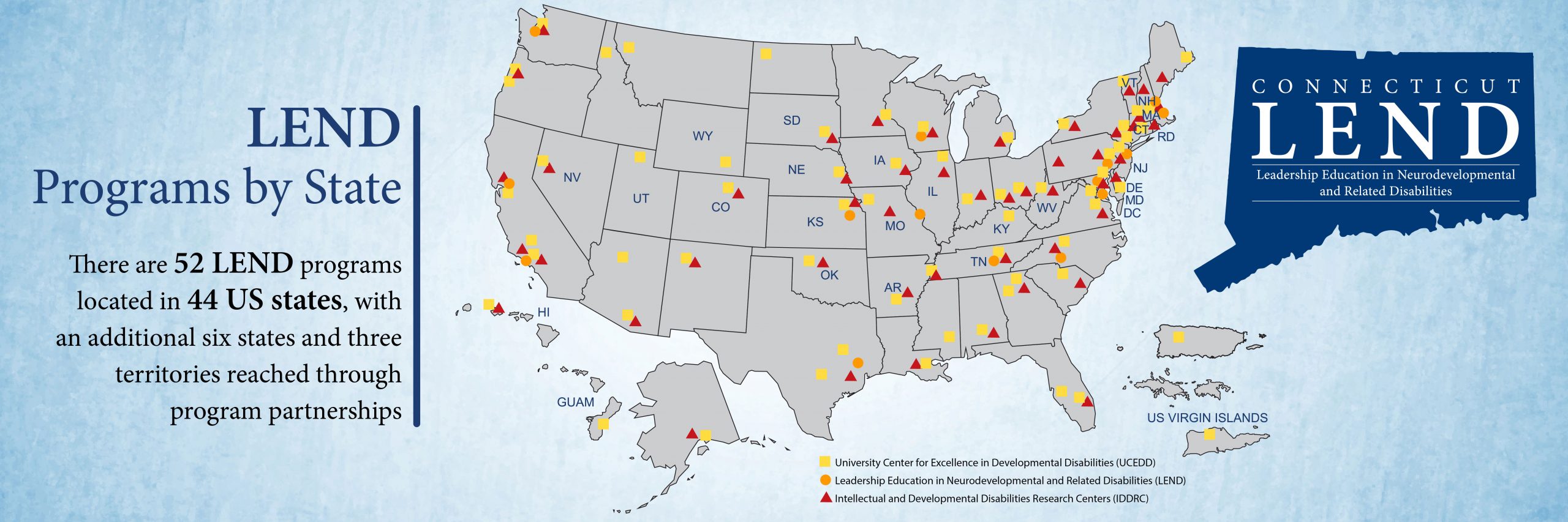 Info graphic showing where the UCEDD, CT LEND and IDDRC programs are located by State
